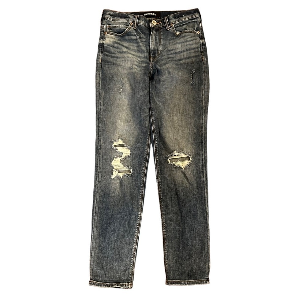 Express Girlfriend High Rise Denim Jeans Women’s SZ 0 in Ripped Medium Wash - Picture 2 of 11